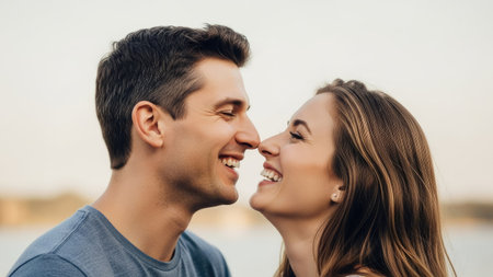A close-up captures a smiling couple touching noses, radiating happiness. The image displays natural light, warm tones, and a soft background. This visual could be utilized in commercial projects, illustrating themes of affection, companionship, and romantic connection, and used in lifestyle or editorial content.の素材