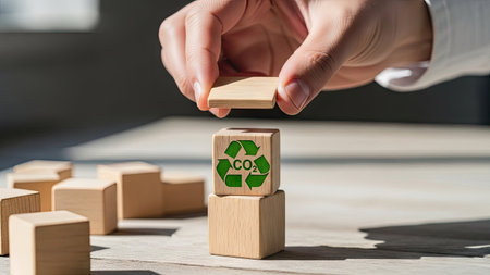 A hand carefully positions a wooden block featuring a recycling symbol on top of another. The composition showcases a close-up perspective with warm lighting, emphasizing the natural texture of the wooden blocks. This scene depicts themes of eco-friendliness, environmental protection, and could be utilized in advertising and editorial contexts.の素材