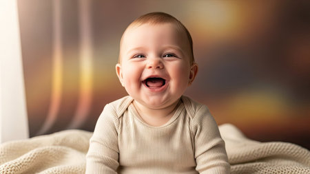 A happy baby is featured, illuminated by soft, diffused lighting. The infant is smiling with an open mouth, wearing neutral clothing. The background includes blurred warm colors suggesting a calm, indoor environment. Suitable for various editorial and commercial applications.の素材