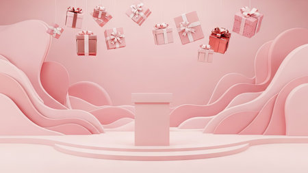 A pastel pink scene features a central podium surrounded by layered wave-like forms. Floating above are several gift boxes of varying sizes. The rendering utilizes soft lighting and a minimalist aesthetic, suitable for product showcases or celebratory designs. It could be used for advertising, promotional materials, or website visuals.の素材
