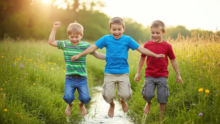 Three young boys are captured mid-jump in an outdoor setting, likely a field or meadow, bathed in warm sunlight. They are wearing colorful casual clothing. The composition, with its natural lighting and blurred background, suggests a carefree and happy atmosphere. This image could be used for various commercial or editorial purposes.の素材