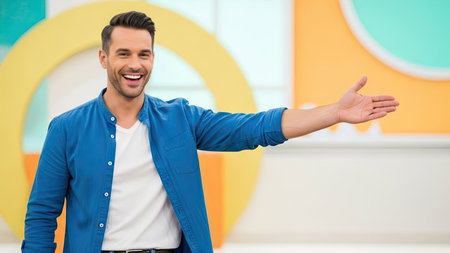 A man in a blue shirt is smiling and gesturing with his right hand. The image features a studio setting with bright colors and a neutral background. The composition highlights the man with a shallow depth of field. Suitable for various commercial and editorial applications.の素材