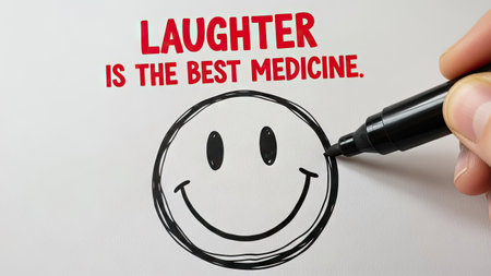 A close-up view depicts a hand using a black marker to create a smiley face drawing alongside the quote "Laughter is the best medicine." The composition features bold, red lettering and a simple design. This image could be used in various commercial or editorial contexts.の素材
