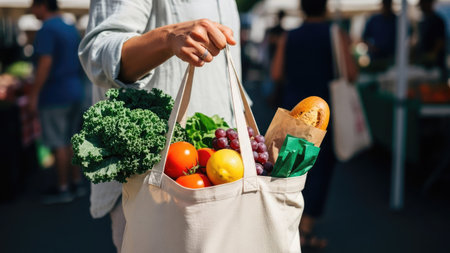 A person holds a reusable shopping bag overflowing with colorful fresh groceries. The bag contains fruits, vegetables, and bread. Natural light illuminates the scene, suggesting an outdoor market setting. This image is suitable for illustrating healthy eating, shopping, or lifestyle themes for various commercial applications.の素材