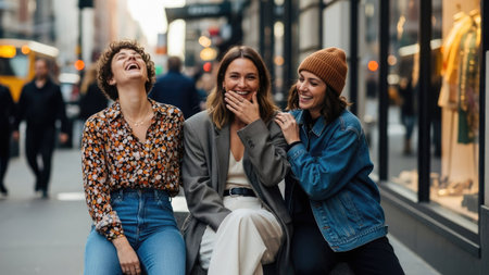 Three women are captured in a candid moment, laughing while sitting outdoors. The composition features soft lighting and a shallow depth of field, highlighting the subjects. The setting appears to be an urban environment, possibly a shopping district. This image could be used for various commercial and editorial purposes.の素材