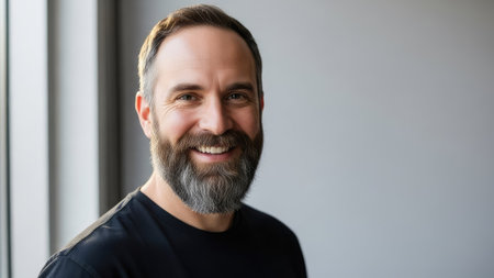 A man with a well-groomed beard smiles broadly, seen from the chest up. The lighting appears soft, possibly from a large window. The style is modern with neutral colors. This image could be used for various commercial projects related to business, lifestyle, or editorial content.の素材