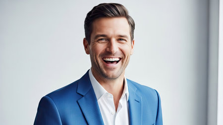 A man in a blue suit is featured in a studio portrait against a plain white backdrop. The image emphasizes the man's expression, particularly his wide smile. The lighting is bright and even, highlighting his features. This image may be suitable for various commercial uses, including advertising and editorial content.の素材
