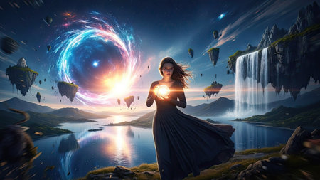 A woman stands holding glowing energy in her hands. The digital artwork depicts a vibrant scene featuring floating islands, waterfalls, and a swirling energy source. The colors are rich with blue, orange, and purple hues under a cloudy sky. This image may be suitable for a range of commercial and illustrative applications.の素材