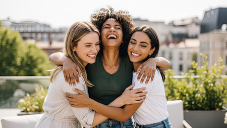 Three young women are joyfully embracing and laughing under natural daylight. The composition showcases a medium shot with focus on their faces. The scene evokes happiness and friendship with soft lighting and natural skin tones. Suitable for lifestyle, editorial, and commercial applications.の素材