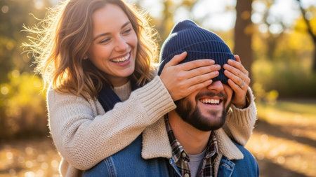 A woman stands behind a man, covering his eyes. They are both smiling broadly, suggesting a moment of surprise or shared happiness. The image displays warm tones with soft focus, indicative of an outdoor setting during the day. This image could be used for various commercial or editorial purposes.の素材