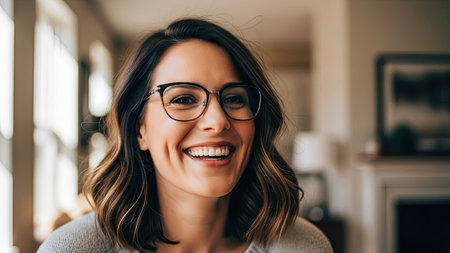 A woman smiles broadly in a close-up shot, wearing glasses and looking directly at the viewer. The image features soft lighting and a warm color palette, indicating a daytime indoor setting. This image could be suitable for various commercial uses, including lifestyle content and articles.の素材