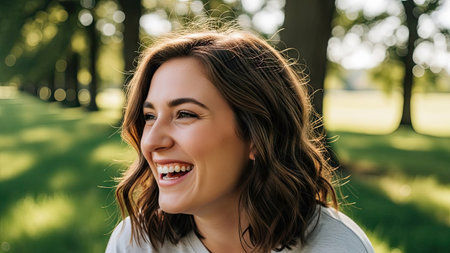 A woman smiles broadly in a natural outdoor setting, likely a park or garden. The image features soft, warm lighting highlighting her face and hair. The composition focuses on her expression. This image might be suitable for editorial content, websites, or marketing materials.の素材