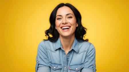 A woman is shown smiling broadly, captured in a studio setting. She wears a denim shirt. The composition features a yellow background, providing contrast and visual focus. This image could be used in various commercial or editorial contexts, such as marketing materials or website designs.の素材
