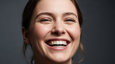 A woman smiles with genuine happiness, highlighted by studio lighting. The image focuses on her face, showcasing a radiant expression. The color palette is natural, and the neutral backdrop ensures the viewer's attention remains on the subject's face. This image could be used in various commercial or editorial contexts.の素材