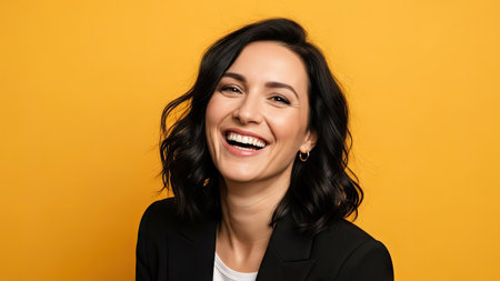 A woman with dark hair and a wide smile is featured in a studio portrait against a bright yellow background. The image showcases natural skin tones and highlights a joyful expression. It may be suitable for various commercial uses, including advertisements and marketing materials.の素材