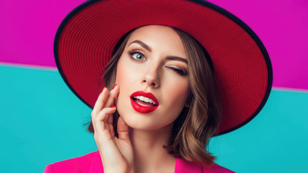 A woman wearing a red hat and jacket is captured against a vibrant backdrop. Her bright red lipstick complements the hat, and her expression suggests playfulness. The composition features a vivid interplay of colors, possibly suitable for promotional uses. The image could be used in various commercial applications.の素材