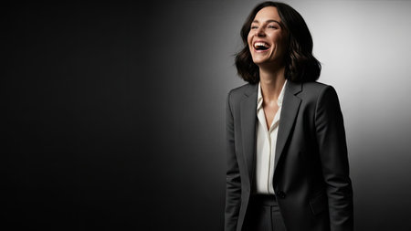 A woman in a professional suit laughs heartily, her face illuminated against a dark gradient backdrop. The image features soft lighting and a focus on the subject's expression, suggesting a moment of joy or success. It is suitable for commercial uses, portraying concepts like confidence or positive emotions.の素材