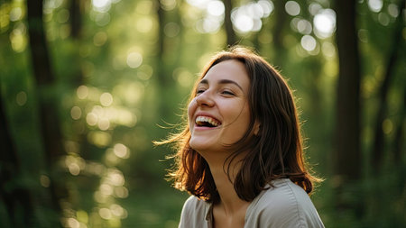 A woman laughs with eyes closed, captured in a portrait against a blurred background of green trees. The image showcases natural sunlight, illuminating her face and hair. This photo could be used for various purposes, including articles about wellbeing, happiness, or lifestyle themes.の素材