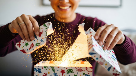 A woman is opening a decorated gift box indoors, revealing bright light and sparkling particles. The image shows a close-up, warm lighting and a focus on the hands and box. This could be used for holiday-themed advertising, celebratory occasions, or editorial content related to joy.の素材