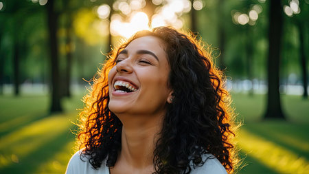 A woman laughs with eyes closed, captured in a moment of pure joy. Her curly hair is lit by the warm sunlight filtering through trees. The vibrant, natural setting suggests an outdoor environment, possibly a park or garden. This image could be suitable for various commercial or editorial uses.の素材
