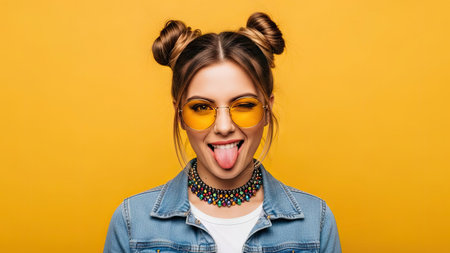 A young woman is captured with a joyful expression, wearing glasses and playfully sticking out her tongue. The close-up shot highlights her features against a vibrant yellow backdrop. The image utilizes bright colors and clear lighting, suitable for various commercial applications needing a positive and expressive visual element.の素材