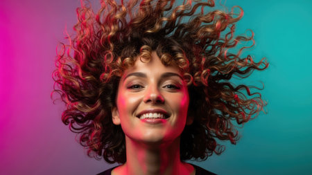 A woman with vibrant curly hair smiles cheerfully. The image features a studio portrait with a vivid gradient background of pink and teal hues. The lighting is soft, highlighting the woman's face. This image could be used for various commercial and editorial purposes.の素材