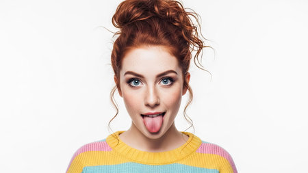 A woman with red hair and blue eyes is the main subject against a blank white backdrop. She is seen sticking her tongue out. The image uses soft lighting and a focus on the subject. The composition appears ideal for advertising and other various commercial or editorial uses.の素材
