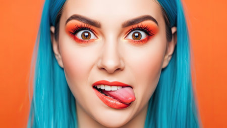 A woman with striking makeup and bright blue hair poses against a vibrant orange backdrop. Her expression is playful, with eyes wide and tongue extended, showcasing a dynamic visual. The composition features vivid colors and emphasizes facial details. This image could be used for various commercial or editorial projects, including beauty and lifestyle.の素材