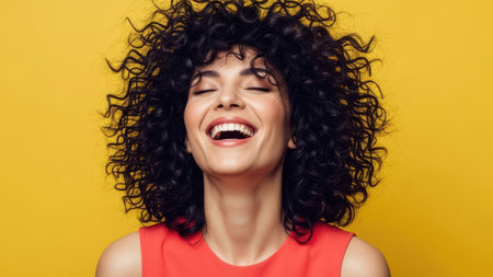 A woman with dark curly hair is captured with a joyful expression against a solid yellow backdrop. The portrait features a close-up perspective with bright lighting, highlighting the texture of her hair and the warmth of her smile. This image could be suitable for various commercial and editorial applications.の素材
