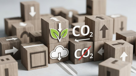 An image displays several wooden blocks with various symbols and designs related to environmental concepts. The blocks feature arrows, leaves, clouds, and carbon dioxide symbols. The composition showcases a neutral-toned palette with clean lines and a focus on visual representation, possibly for educational or commercial purposes.の素材