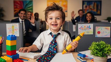 A young child is depicted at a desk, holding a crayon and smiling broadly. The composition features office cubicles with colleagues in the blurred background. The scene suggests an indoor setting with artificial lighting, suitable for various business and conceptual themes. The image's clean aesthetic is suitable for commercial and editorial purposes.の素材