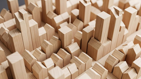 This image showcases a meticulously crafted wooden cityscape model. It features various miniature buildings, demonstrating architectural design and urban planning concepts. The warm tones and detailed construction create a visually engaging scene. Suitable for illustrating themes of urban development, construction, and design.の素材