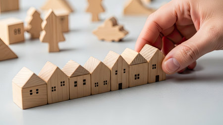 A hand carefully arranges a row of miniature wooden houses, showcasing a concept related to real estate. The scene features various wooden shapes, suggesting a setting of urban planning or construction. This image offers a clean, uncluttered aesthetic suitable for commercial and design applications, conveying ideas of growth and development.の素材