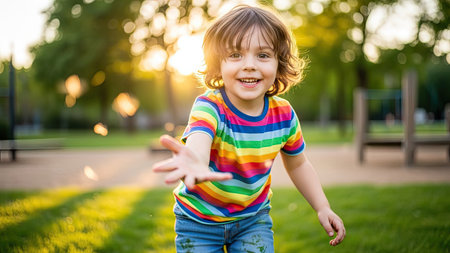 A young child is shown extending an arm with a smiling expression. The subject wears a colorful striped shirt and jeans. The image features a shallow depth of field, with green grass and trees in the background, suggesting an outdoor setting during a bright, sunny day. Suitable for various commercial and editorial applications.の素材