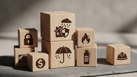 The image shows wooden blocks arranged with different engraved icons. The symbols on the blocks depict concepts like home, rain, umbrella, fire, and a hard hat. The scene is lit with diffused light, giving a soft feel. This image could be used for articles, advertising, or educational materials about insurance and related topics.の素材
