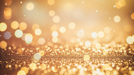 This image features an abstract background dominated by golden bokeh circles and shimmering light effects. The composition is primarily warm-toned, exhibiting a soft focus. Ideal for various design projects, it is suited for backgrounds and overlays. Its elegant aesthetic is suitable for both commercial and editorial contexts.の素材