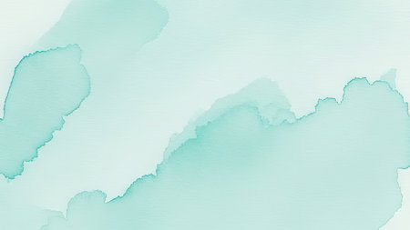 An abstract watercolor background features soft teal hues blending across a white surface. The composition suggests a fluid movement with light and airy visual qualities. This design could be utilized for various commercial purposes, including website design or print materials, providing a serene aesthetic.の素材