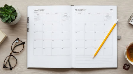 An open notebook with a calendar layout is placed on a light-colored wooden surface, alongside office supplies such as a pencil, glasses, a potted plant, and a cup of tea. The overhead shot reveals a well-organized workspace. Suitable for use in projects related to business, planning, or educational content.の素材