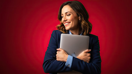 A woman embraces a laptop against a red backdrop, radiating joy. The image showcases a naturalistic style with soft lighting. Ideal for advertising campaigns, marketing materials, and digital content, this image can be utilized to convey themes of technology and happiness.の素材