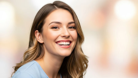 A woman with long wavy brown hair smiles broadly in a close-up shot. Her teeth appear healthy, and the skin has a natural tone. The soft, blurred backdrop suggests an indoor setting with diffused lighting. Suitable for use in lifestyle or beauty-related projects.の素材