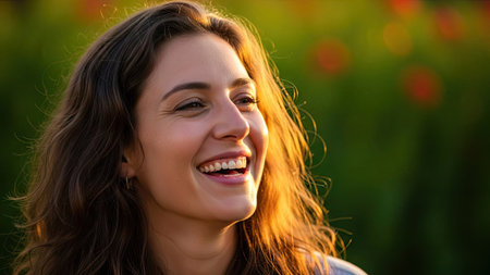 A woman laughs joyfully, captured in a close-up shot under warm, natural sunlight. Her dark hair and features are accentuated by the golden light. The background is a soft blur of green and red, suggesting an outdoor environment. This image could be used for various commercial or editorial applications.の素材