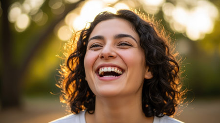 A woman with dark curly hair is captured laughing joyfully, eyes closed, against a blurred background of green and golden light. The image displays a soft, warm color palette, likely captured outdoors during daylight hours. This scene could be used in various commercial or editorial projects needing themes of happiness.の素材