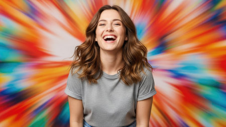 A woman laughs openly, centered in front of a vibrant, abstract background of radiating colors. The composition uses a shallow depth of field, bringing the woman into sharp focus while the background provides dynamic energy. This image could be suitable for various commercial uses, including advertising and editorial content.の素材