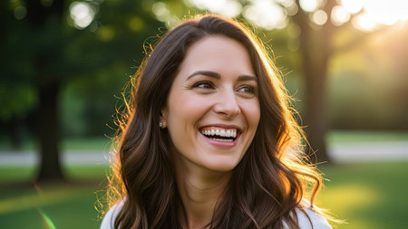 A woman with dark hair smiles warmly in a park setting. The image features natural sunlight creating a soft, warm glow. The background is blurred, suggesting an outdoor environment. This image is suitable for various commercial uses, including advertising and editorial content.の素材