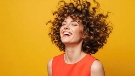A woman with voluminous, curly brown hair is captured smiling broadly. She wears a coral-colored top, set against a solid yellow backdrop. The image utilizes soft lighting, creating a bright and cheerful atmosphere. This could be used for lifestyle, beauty, or positive emotion content.の素材