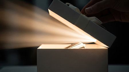An overhead view reveals a box being opened, with a beam of light emanating from within. The composition emphasizes the contrast between light and shadow. Potential uses include illustrations of concepts like discovery, surprise, or special announcements. The neutral background and lighting offer versatility.の素材