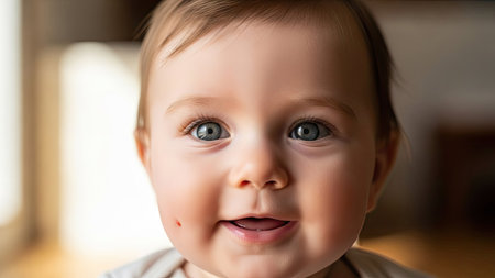 A cheerful baby gazes directly at the viewer in a close-up shot. The infant's skin appears smooth, and the bright eyes and slight smile create a joyful expression. Warm lighting suggests an indoor setting. This image may be suitable for illustrating themes related to childhood and family.の素材