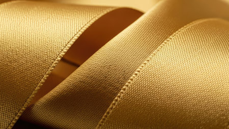 This image showcases a close-up of a gold ribbon, featuring delicate folds and a textured surface. The lighting emphasizes the satin-like sheen of the fabric. The composition allows for use as a background or design element suitable for various commercial and editorial applications.の素材