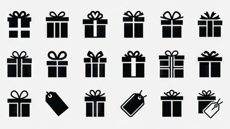 An assortment of stylized gift box icons arranged on a white background. Each icon is rendered in solid black, featuring variations in shape and ribbon details. Suitable for various design applications, these graphics could be used for both commercial and editorial purposes.の素材
