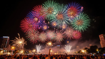 Spectacular fireworks illuminate the dark evening sky above a silhouetted city. The vivid display features bursts of red, green, and blue light. The composition suggests an outdoor scene, possibly during a celebration or event. This image is suitable for various commercial uses, including advertising and editorial content.の素材
